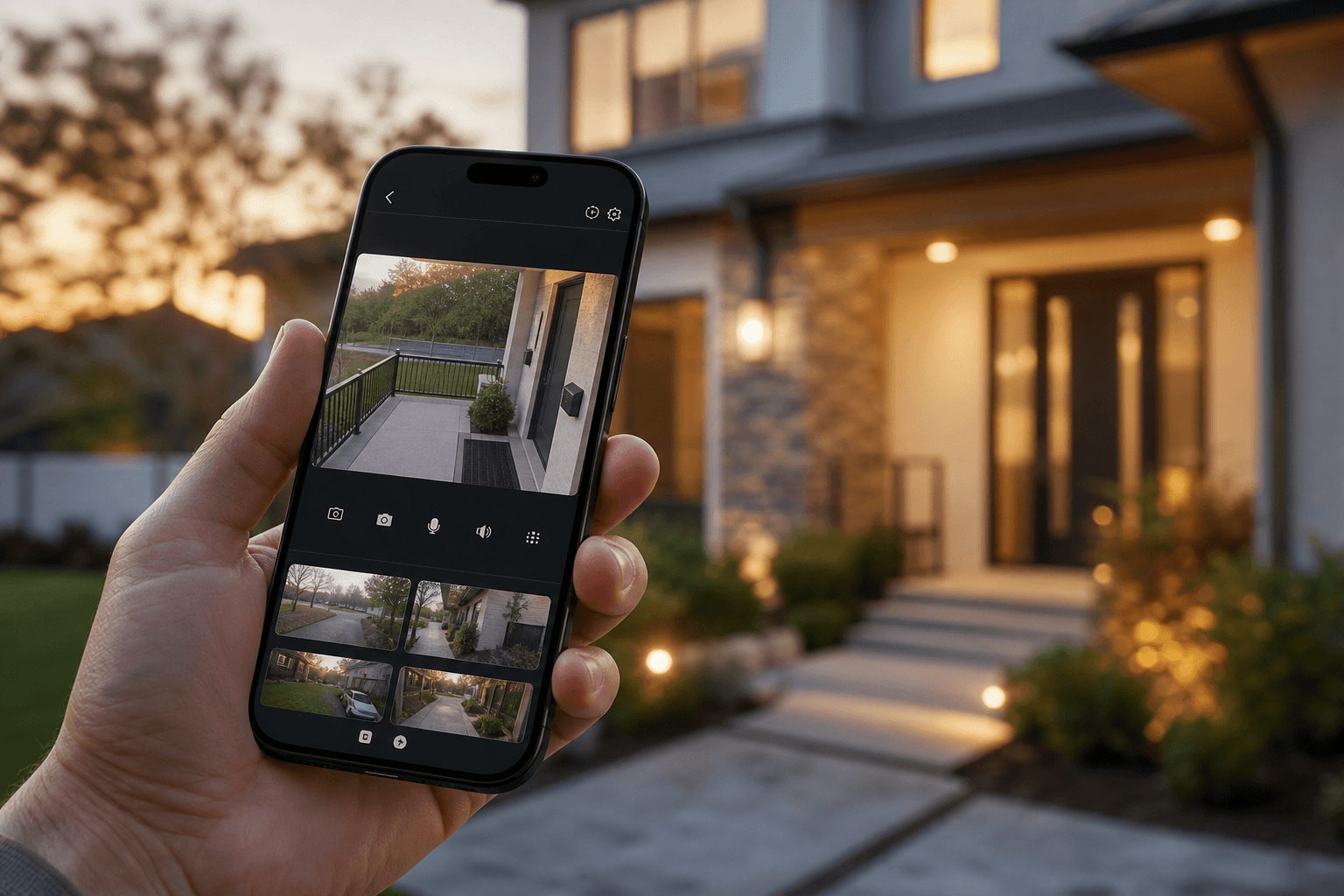 Homeowner checking live security camera feeds from a phone in front of their home